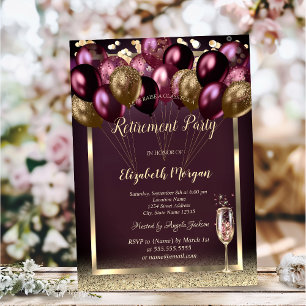 Wine Glass Balloons Glitter,Burgundy Retirement  Invitation