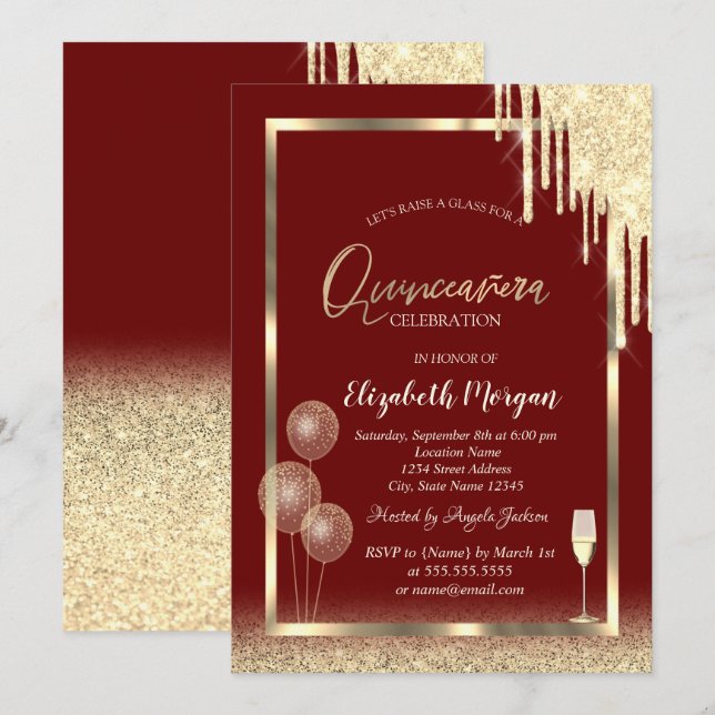 Wine Glass Balloons Glitter Drips Red Quinceañera  Invitation (Front/Back)