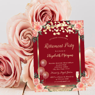 Wine Glass Balloons Glitter Roses Red Retirement Invitation