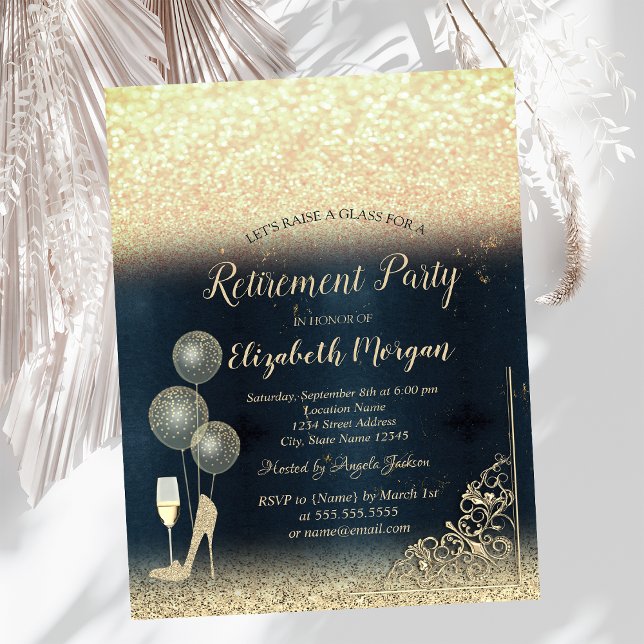 Wine Glass Balloons Gold Glitter Blue Retirement Invitation (Creator Uploaded)