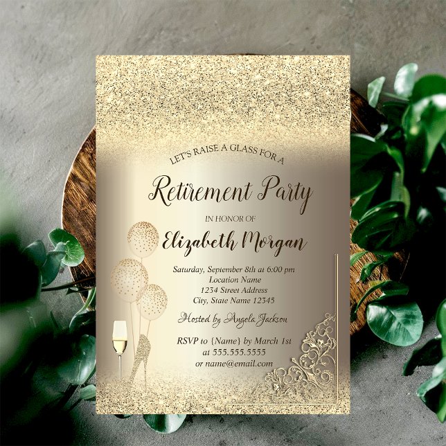Wine Glass Balloons Gold Glitter Champagne Invitation (Creator Uploaded)