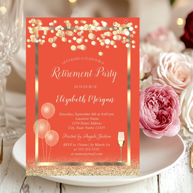 Wine Glass Balloons Gold Glitter Orange Retirement Invitation (Creator Uploaded)