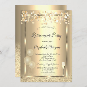 Wine Glass Balloons Gold Glitter Retirement Invitation