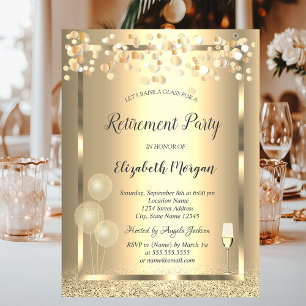 Wine Glass Balloons Gold Glitter Retirement Invitation
