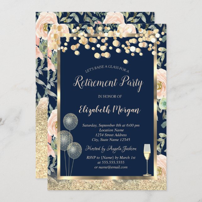 Wine Glass Balloons Gold Glitter Roses Retirement  Invitation (Front/Back)