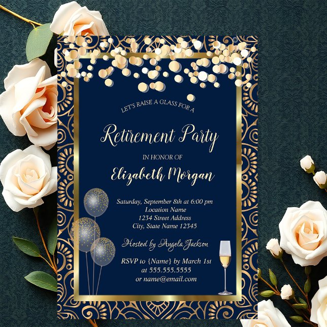 Wine Glass Balloons Gold Mandala Blue Retirement Invitation (Creator Uploaded)