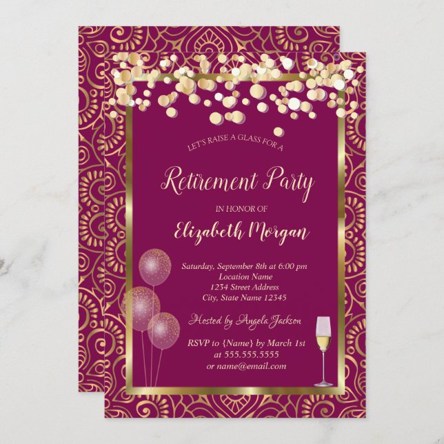 Wine Glass Balloons Gold Mandala Pink Retirement Invitation (Front/Back)