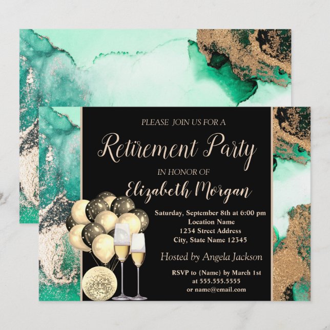  Wine Glass,Balloons,Green Marble Retirement Party Invitation (Front/Back)