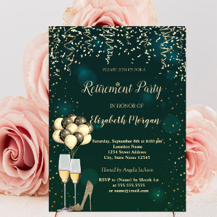  Wine Glass,Balloons,High Heels Green Retirement  Invitation