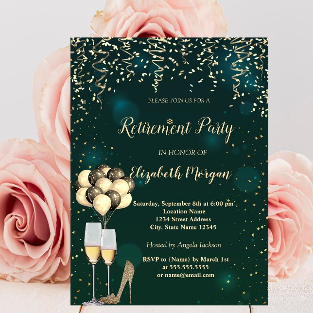  Wine Glass,Balloons,High Heels Green Retirement  Invitation (Creator Uploaded)