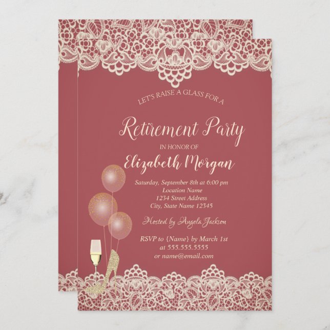 Wine Glass Balloons Lace Red Retirement Invitation (Front/Back)