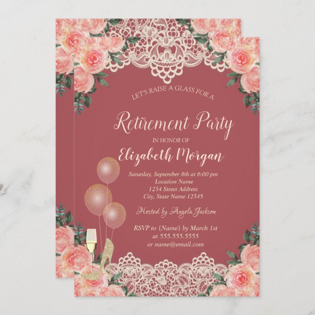 Wine Glass Balloons Lace Red Roses Retirement Invitation (Front/Back)