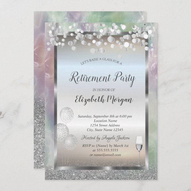Wine Glass Balloons Silver Glitter Holographic Invitation (Front/Back)
