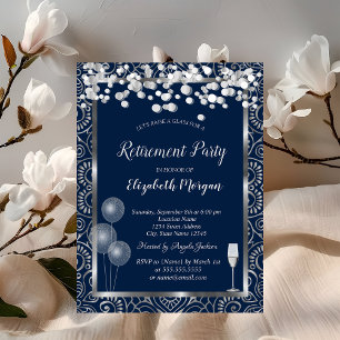 Wine Glass Balloons Silver Mandala Blue Retirement Invitation