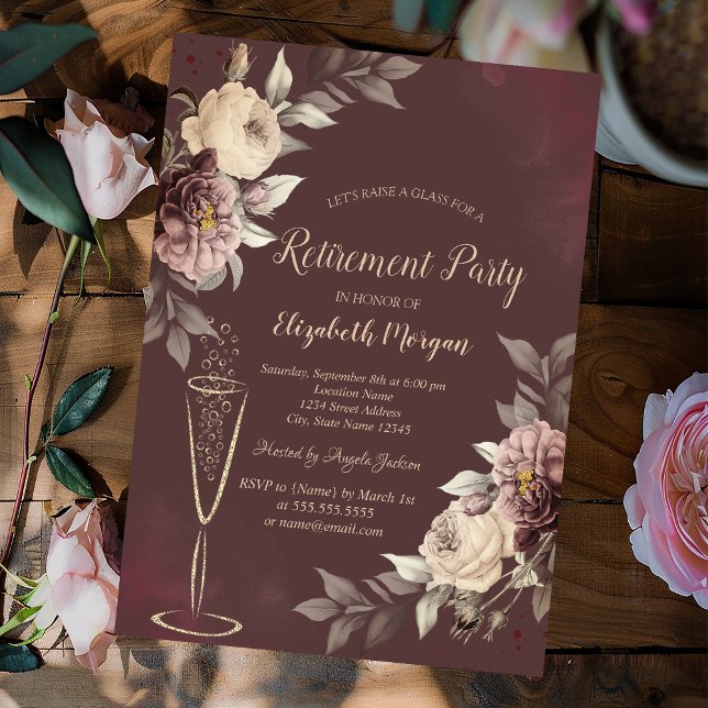  Wine Glass Blush Roses Brown Retirement Invitation (Creator Uploaded)