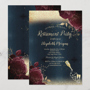 Wine Glass Bottle,Burgundy Roses Retirement  Invitation