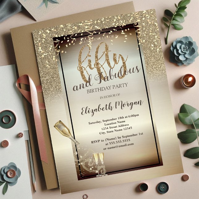 Wine Glass,Bottle, Glitter,Confetti 50th Birthday  Invitation (Creator Uploaded)