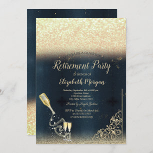 Wine Glass Bottle Glitter Retirement  Invitation