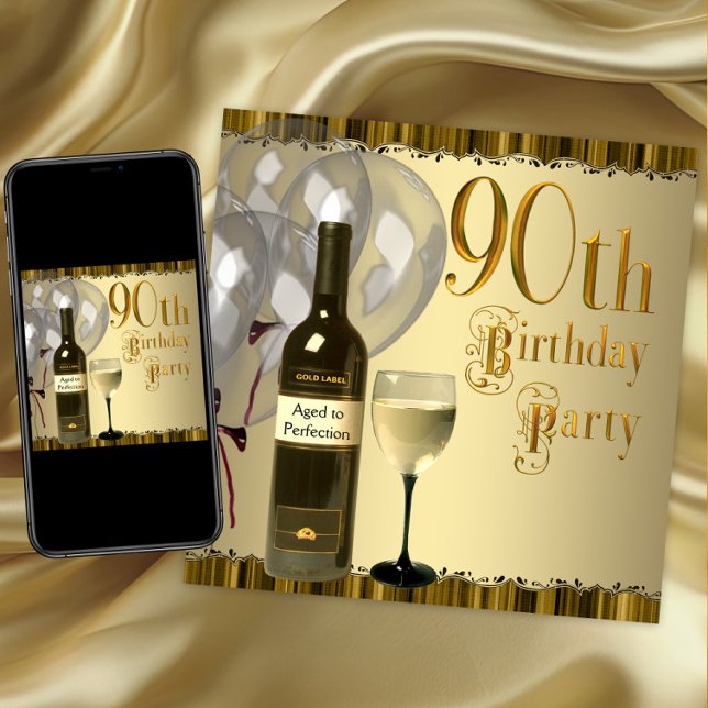 Wine Glass Bottle Gold 90th Birthday Party Invitation (90th birthday party invitation. Instant download and printed invitations available.)