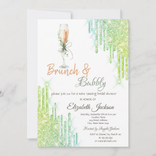 Wine Glass Bottle Green Drips Brunch & Bubbly Invitation