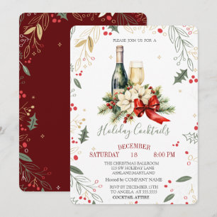 Wine Glass Bottle Poinsettia Bow Company Christmas Invitation
