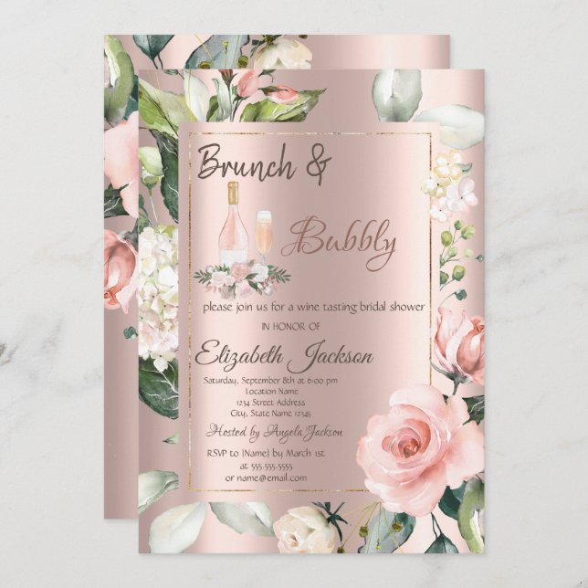 Wine Glass Bottle Roses Bridal Shower  Invitation (Front/Back)