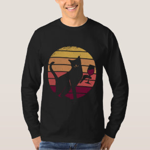 Wine Glass Cat Retro Sunset T-Shirt