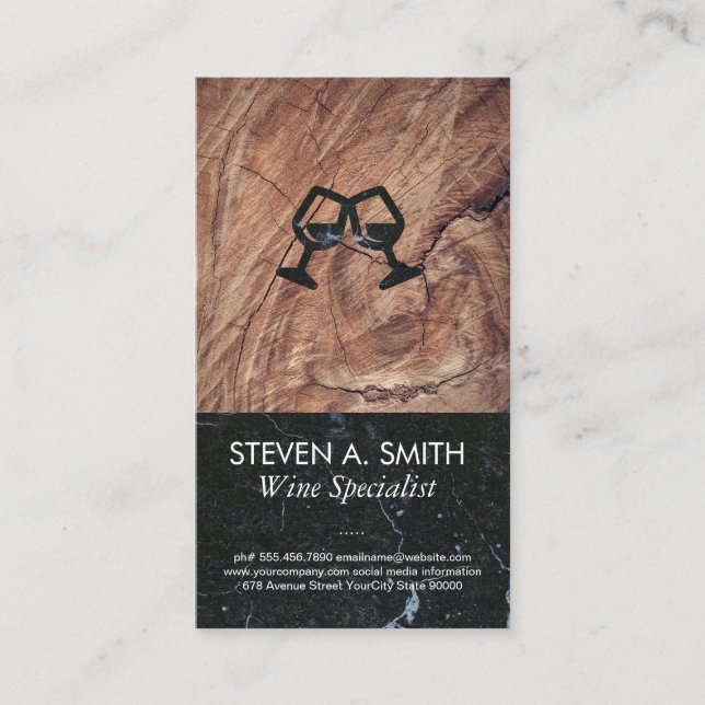 Wine Glass Cheers | Black Marble | Wood Business Card (Front)
