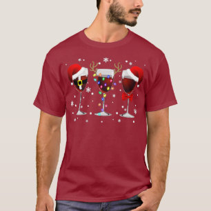 Wine Glass Christmas Light with Santa Hat Bow T-Shirt
