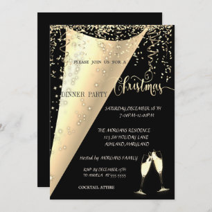 Wine Glass,Confetti, Black ,Gold Christmas Party Invitation