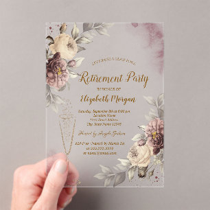  Wine Glass Dark Roses Retirement Acrylic Invitations