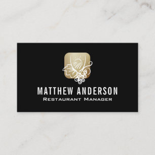 Wine Glass Drawing Logo   Gold Metal Border Business Card