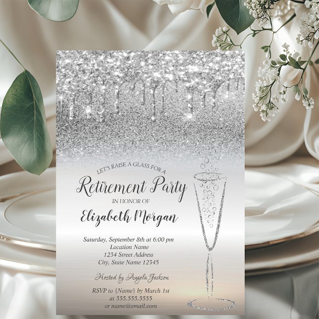 Wine Glass Drops Silver Glitter Bokeh Retirement Invitation (Creator Uploaded)