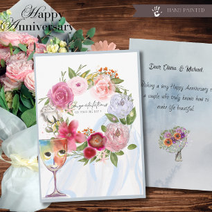 Wine Glass & Floral Wreath Wedding Anniversary  Holiday Card