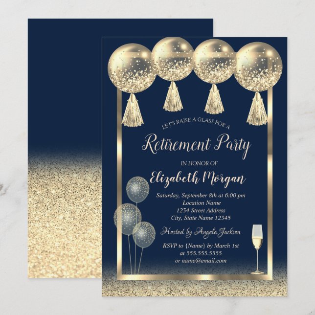 Wine Glass Gold Balloons Glitter Blue Retirement  Invitation (Front/Back)