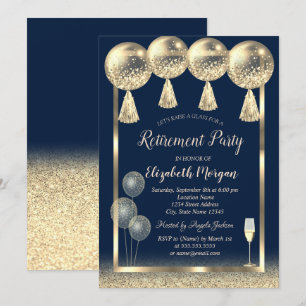 Wine Glass Gold Balloons Glitter Blue Retirement  Invitation