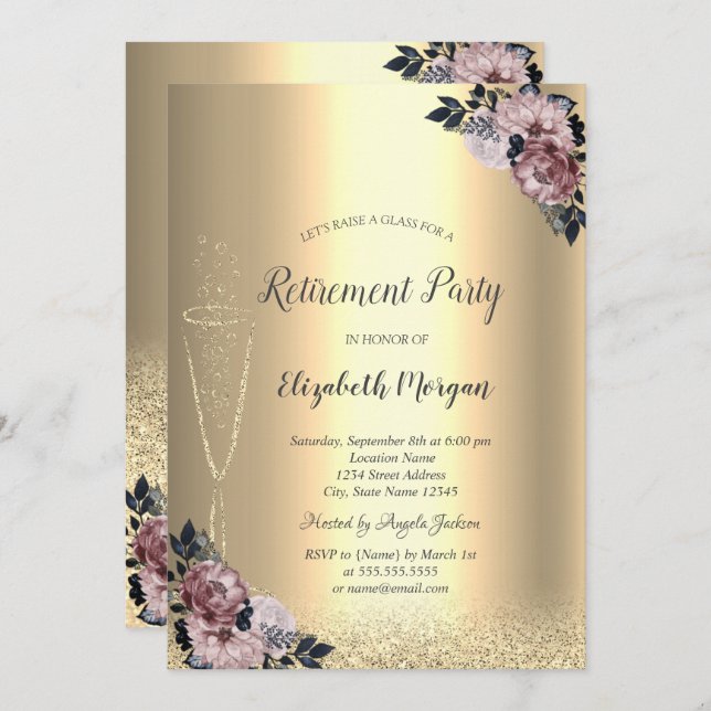 Wine Glass Gold Bokeh Floral Retirement I Invitation (Front/Back)