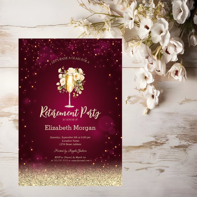 Wine Glass Gold Bokeh Roses Red Retirement  Invitation (Creator Uploaded)