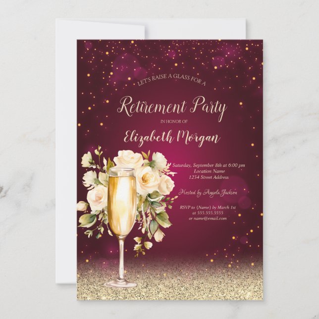 Wine Glass Gold Bokeh White Roses Red Retirement  Invitation (Front)