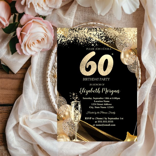 Wine Glass Gold Confetti Balloons 60th Birthday Invitation (Creator Uploaded)