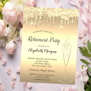 Wine Glass Gold Glitter Bokeh Drops Retirement Invitation