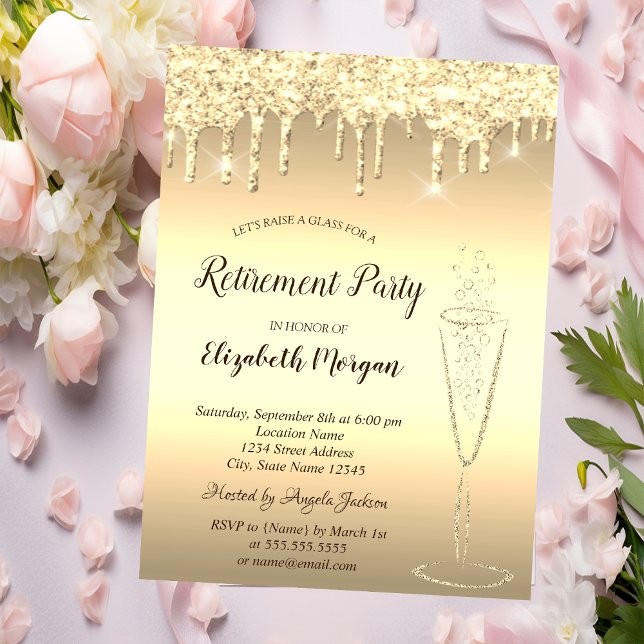 Wine Glass Gold Glitter Bokeh Drops Retirement Invitation (Creator Uploaded)