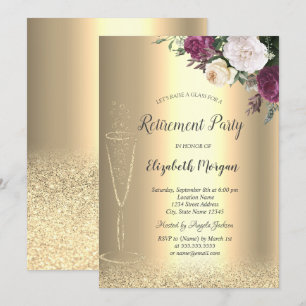 Wine Glass Gold Glitter Bokeh Floral Retirement Invitation