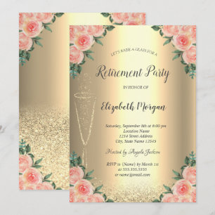 Wine Glass Gold Glitter Bokeh Roses Retirement Invitation