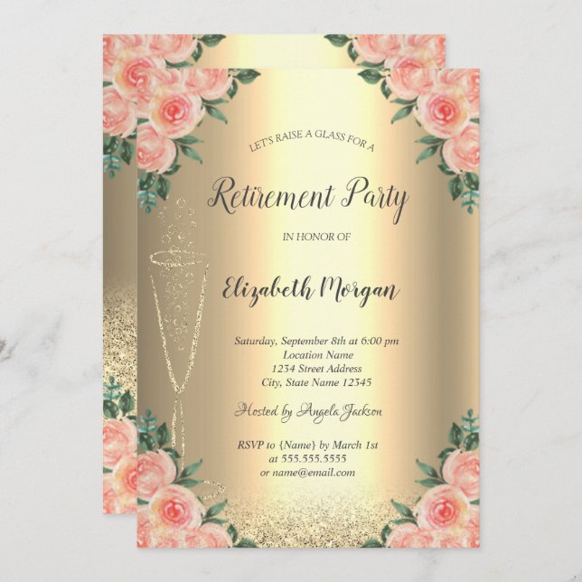 Wine Glass Gold Glitter Bokeh Roses Retirement Invitation (Front/Back)