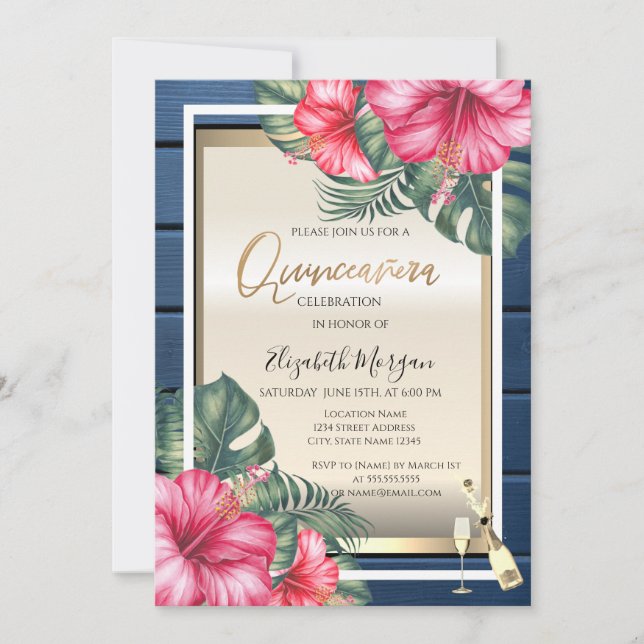 Wine Glass,Hibiscus Blue Wood Quinceanera Invitation (Front)