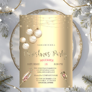 Wine Glass,Lights,Balls Gold Christmas Company Invitation