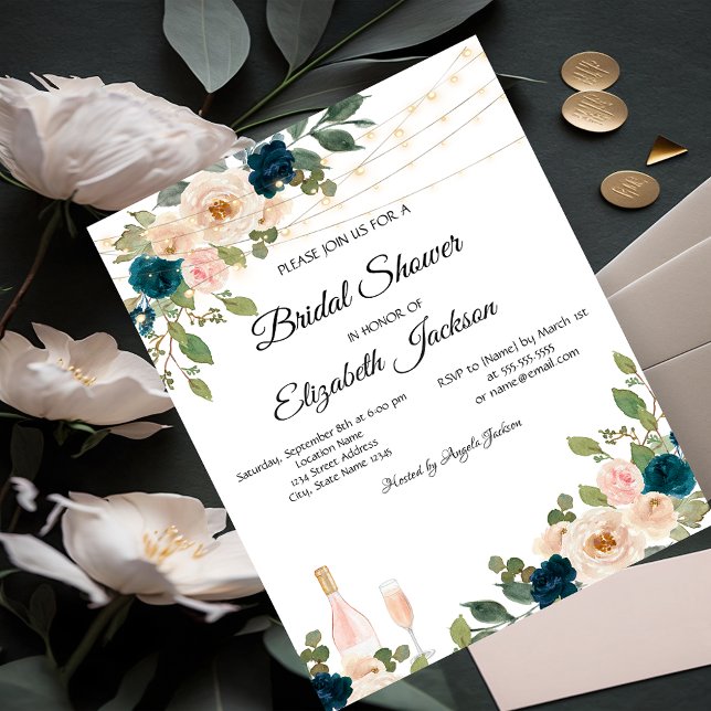 Wine Glass Lights Blue Roses Bridal Shower Invitation (Creator Uploaded)
