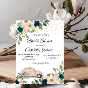 Wine Glass Lights Blue Roses,Car Bridal Shower Invitation