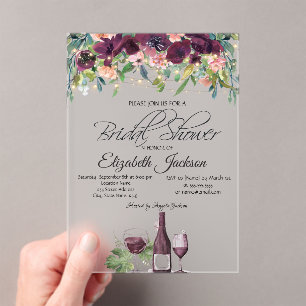 Wine Glass Lights Burgundy Roses Bridal Shower Acrylic Invitations
